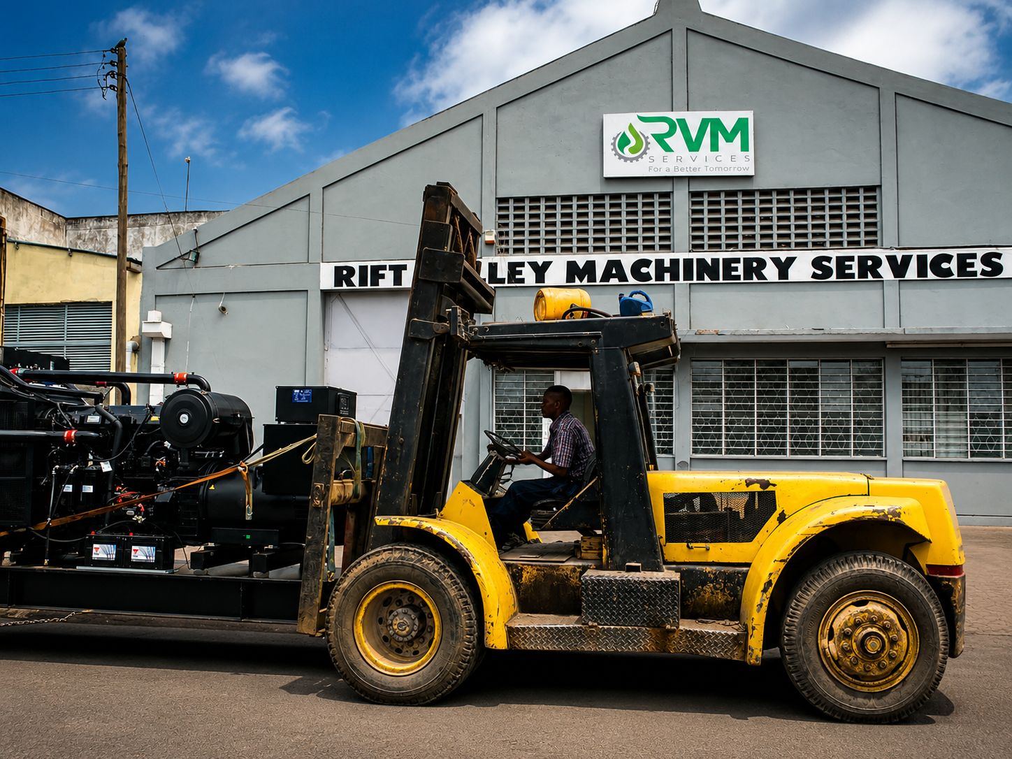 RVM forklift moving a generator outside the Rift Valley Machinery Services offices in Nairobi